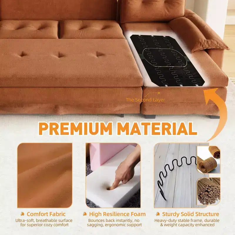 Canapé convertible en forme de U 110 moderne en fer et bois, revêtu de chenille, avec lit gigogne et ports USB