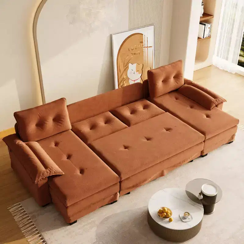 Canapé convertible en forme de U 110 moderne en fer et bois, revêtu de chenille, avec lit gigogne et ports USB