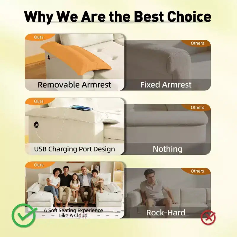 Modern Iron and Wooden Chenille Upholstered 110 U-Shaped Sleeper Sofa with Pull Out Bed and USB Ports