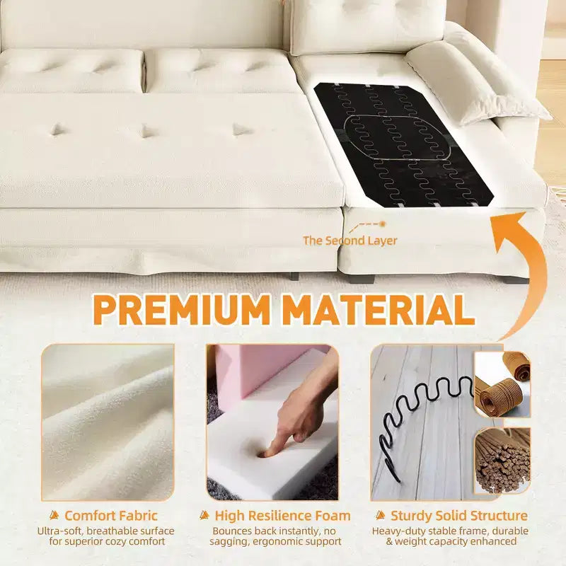 Modern Iron and Wooden Chenille Upholstered 110 U-Shaped Sleeper Sofa with Pull Out Bed and USB Ports