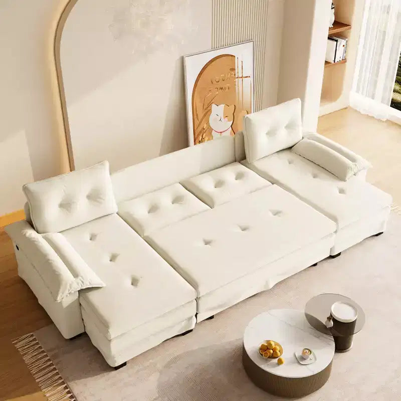 Canapé convertible en forme de U 110 moderne en fer et bois, revêtu de chenille, avec lit gigogne et ports USB