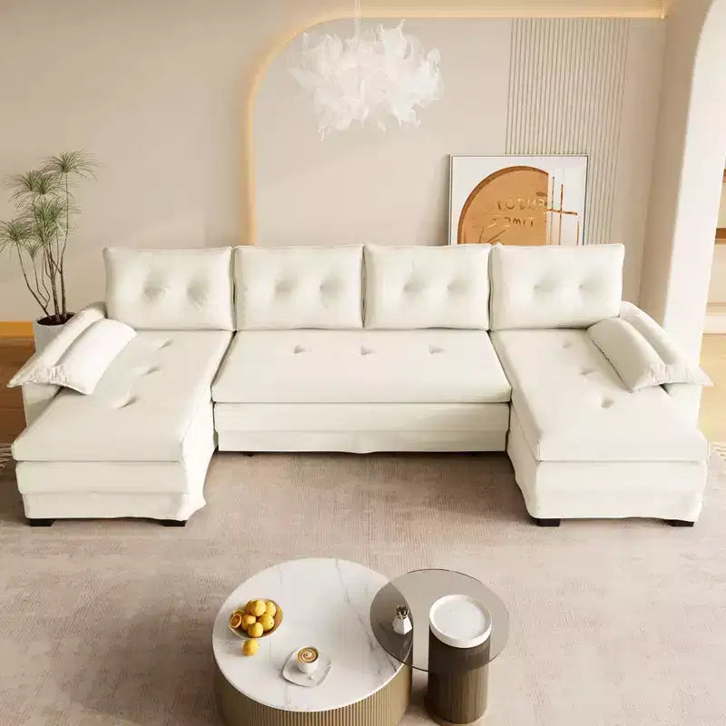 Canapé convertible en forme de U 110 moderne en fer et bois, revêtu de chenille, avec lit gigogne et ports USB