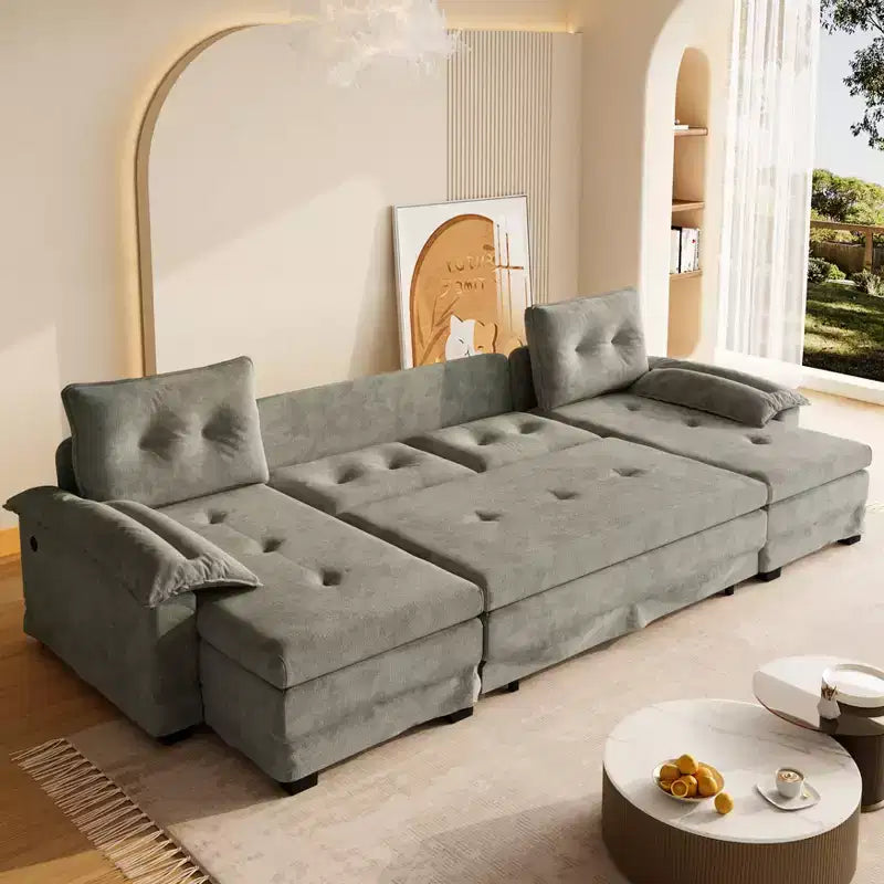 Modern Iron and Wooden Chenille Upholstered 110 U-Shaped Sleeper Sofa with Pull Out Bed and USB Ports
