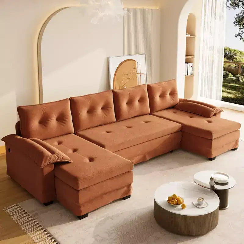 Modern Iron and Wooden Chenille Upholstered 110 U-Shaped Sleeper Sofa with Pull Out Bed and USB Ports