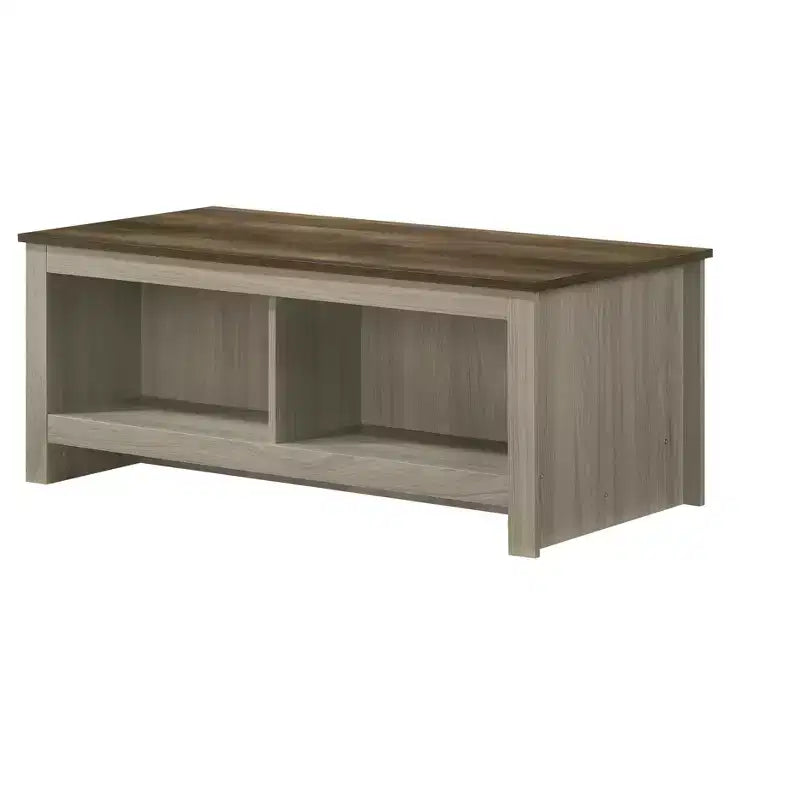 Table basse en chêne gris 43W avec étagères ouvertes, étagères avant et arrière, finition noyer, plateau contrastant