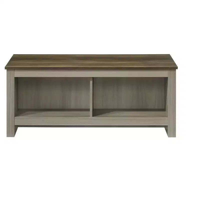 Table basse en chêne gris 43W avec étagères ouvertes, étagères avant et arrière, finition noyer, plateau contrastant