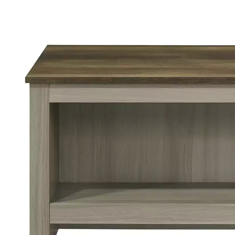 43W Gray Oak Coffee Table with Open Shelves, Front Back Shelves Walnut Finish Contrast Tabletop