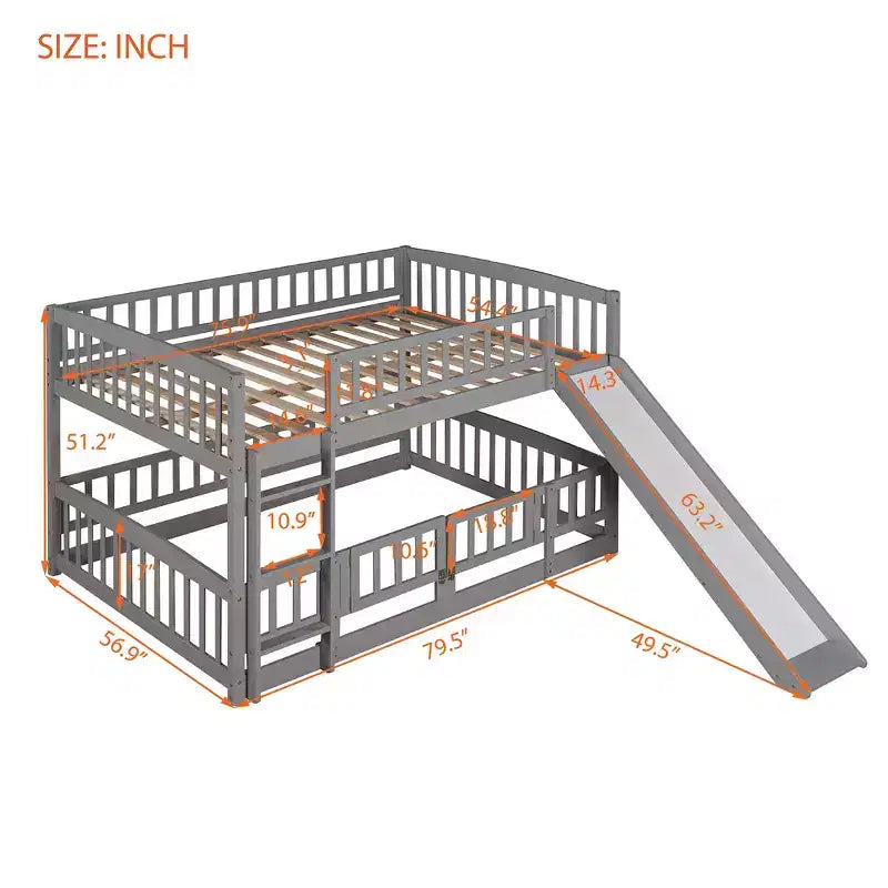 Full Size Wood Bunk Bed With Slide, Fence and Ladder, Easy Assembly