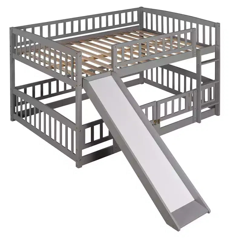 Full Size Wood Bunk Bed With Slide, Fence and Ladder, Easy Assembly