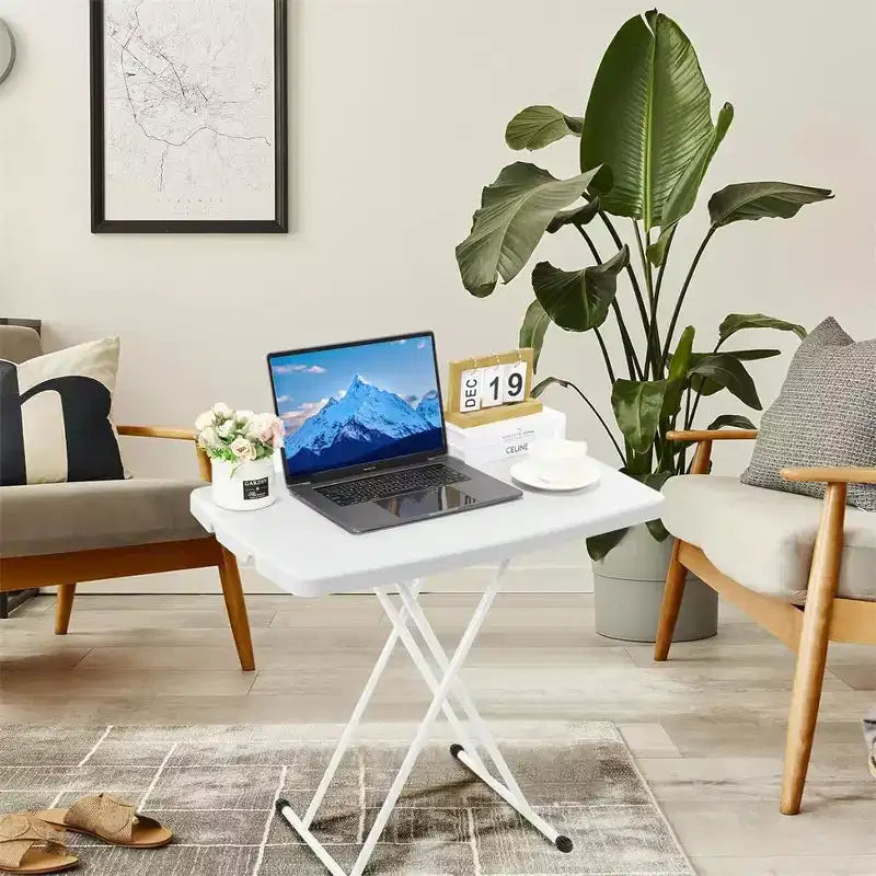 Adjustable Height Folding Table with Metal Frame, Rectangular Snack Laptop Table for Dorm Bedroom Living Room Camping, White