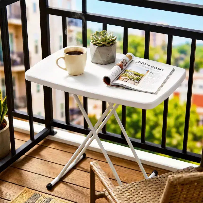 Table pliante à hauteur réglable avec cadre en métal, table rectangulaire pour ordinateur portable/collation pour dortoir, chambre, salon, camping, blanc