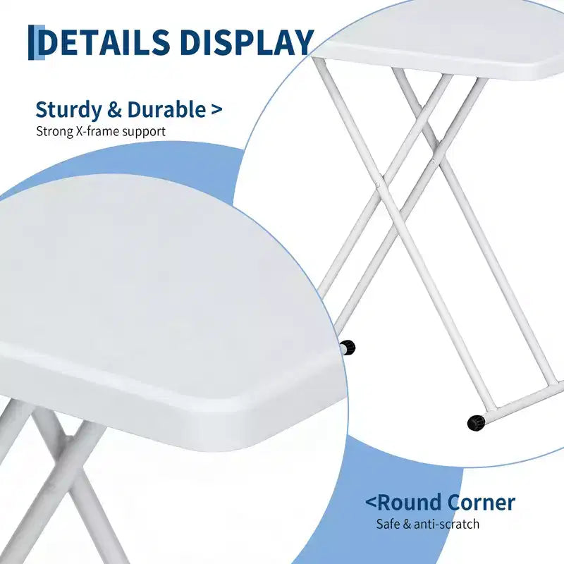 Table pliante à hauteur réglable avec cadre en métal, table rectangulaire pour ordinateur portable/collation pour dortoir, chambre, salon, camping, blanc