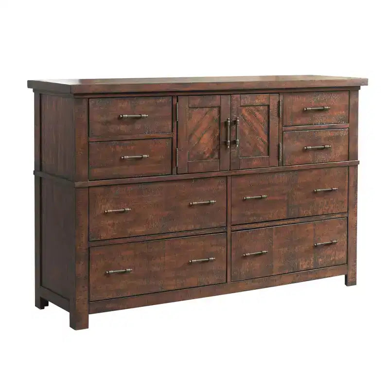 Walnut Brown 8-Drawer Dresser with Cabinet, Rustic Finish