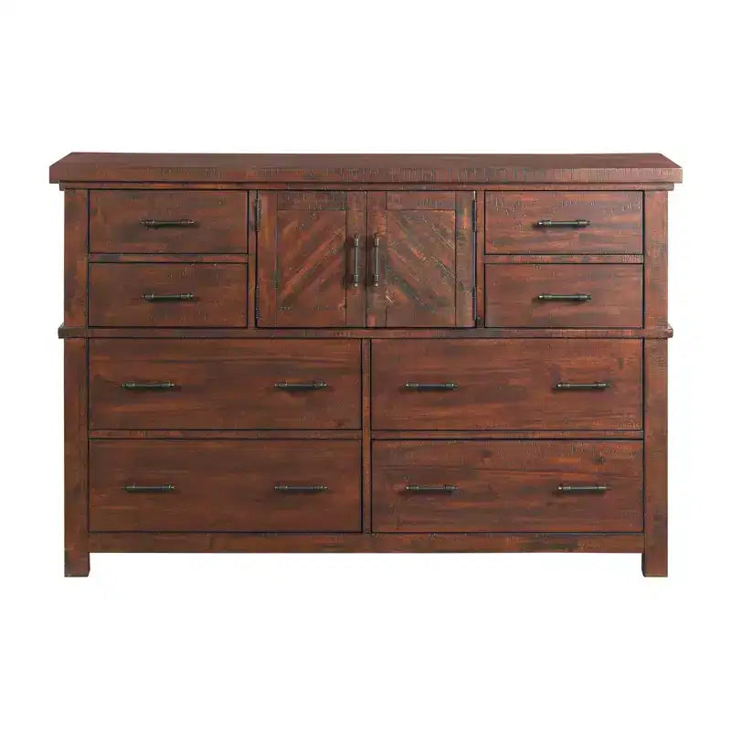 Commode 8 tiroirs en noyer brun avec placard, finition rustique