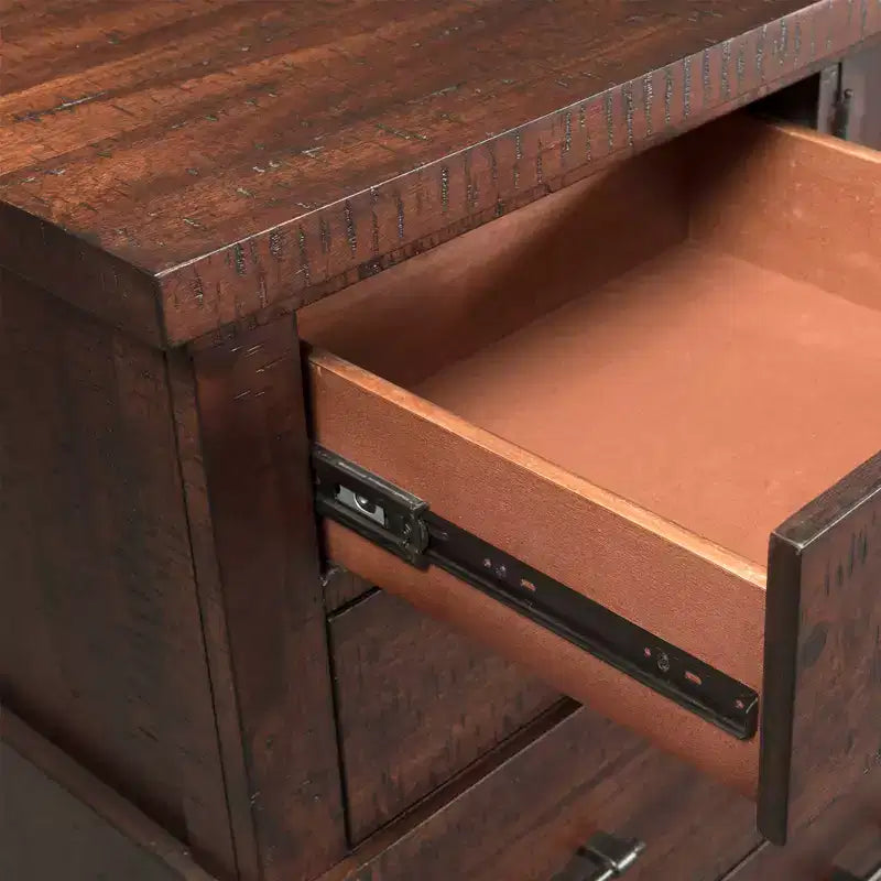 Commode 8 tiroirs en noyer brun avec placard, finition rustique