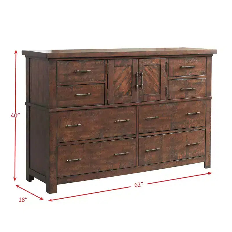 Commode 8 tiroirs en noyer brun avec placard, finition rustique