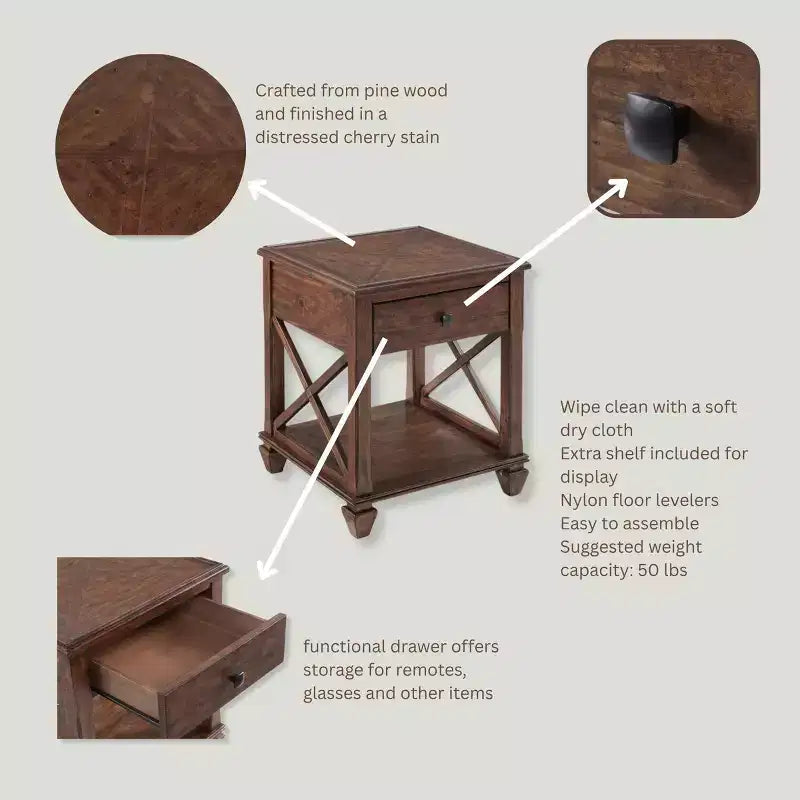 21" Square Wood End Table with Drawer Cherry