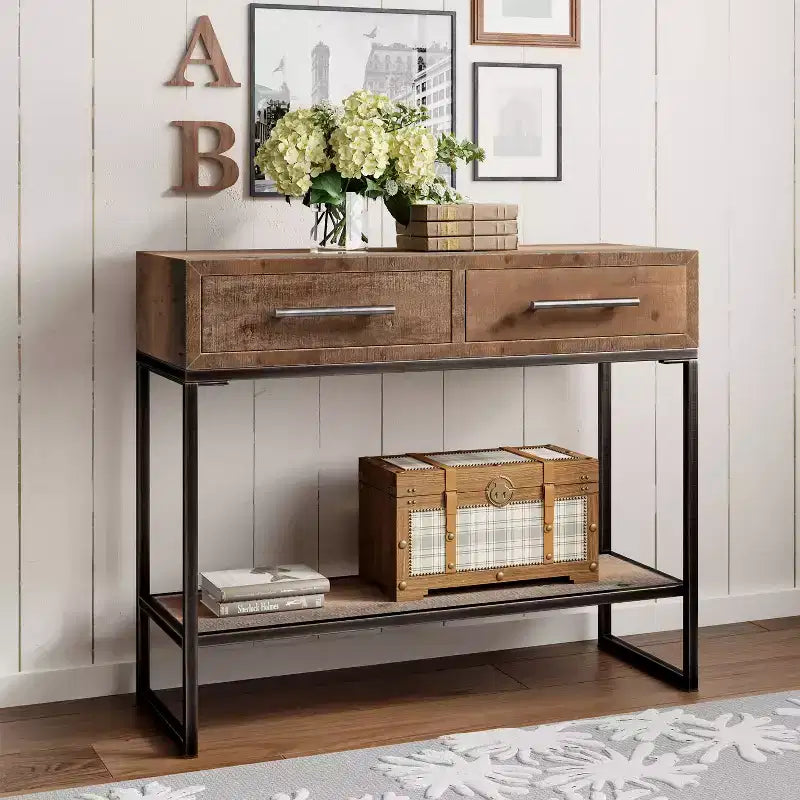 Console Morris marron - Finition vieillie moderne, largeur 36 po, forme rectangulaire pour entrée, cadre en bois