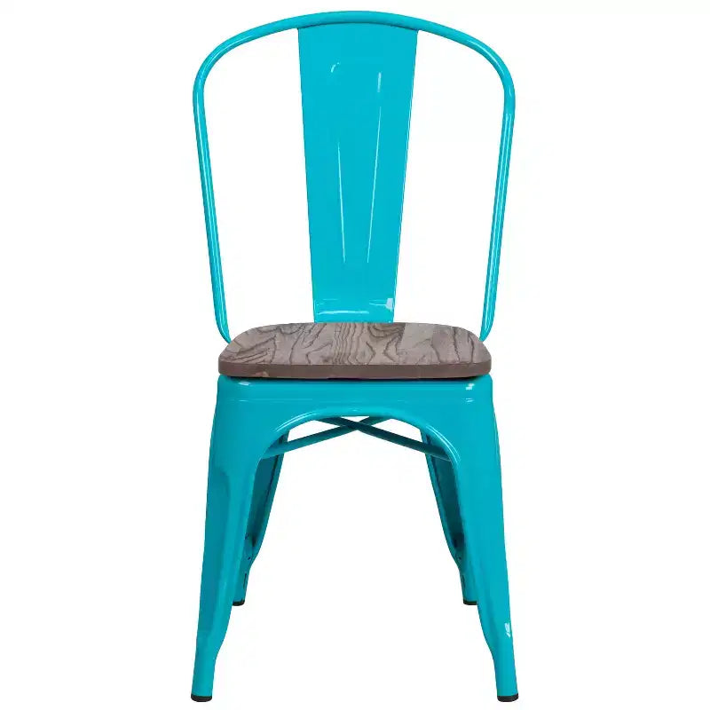 Chaise de salle à manger empilable en métal coloré avec assise en bois