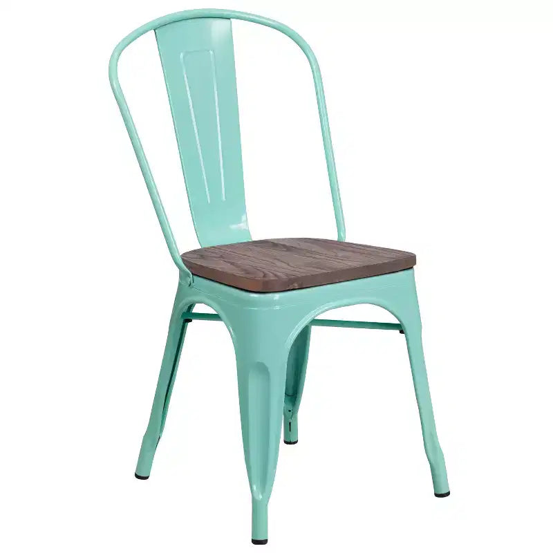 Chaise de salle à manger empilable en métal coloré avec assise en bois