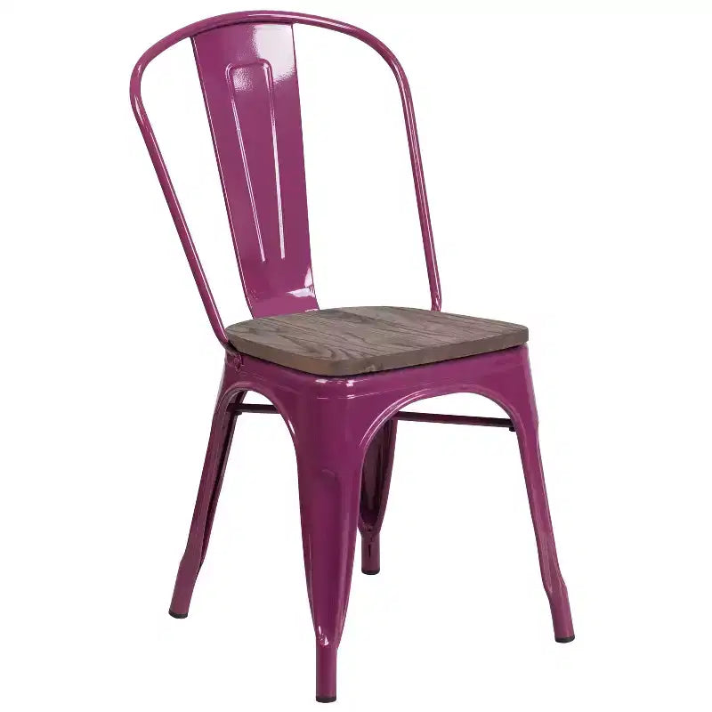 Chaise de salle à manger empilable en métal coloré avec assise en bois