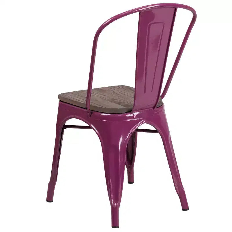 Chaise de salle à manger empilable en métal coloré avec assise en bois