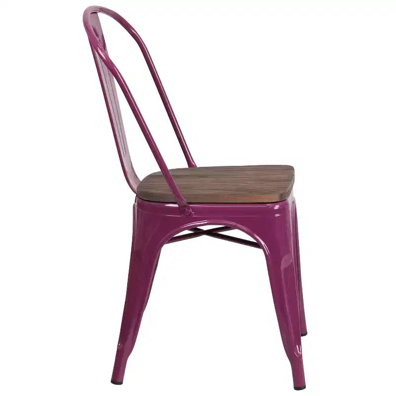 Chaise de salle à manger empilable en métal coloré avec assise en bois