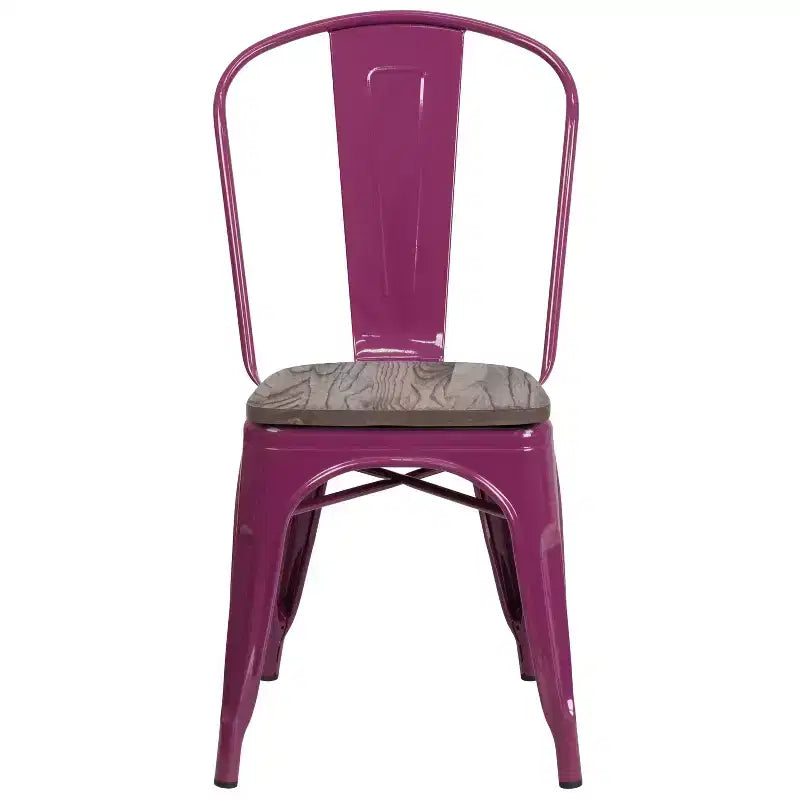 Chaise de salle à manger empilable en métal coloré avec assise en bois