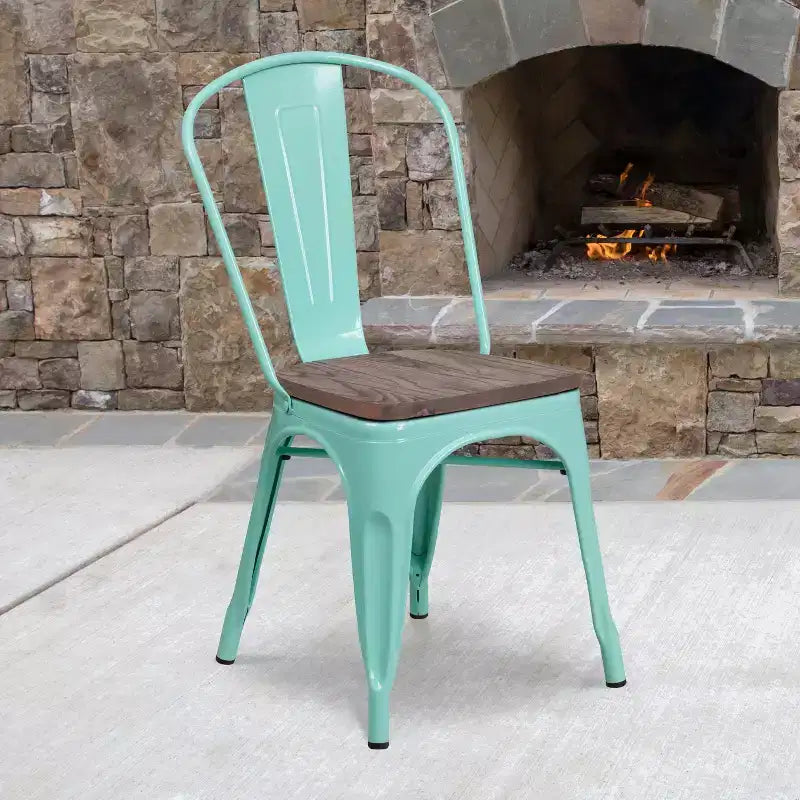 Colorful Metal Dining Stack Chair with Wood Seat