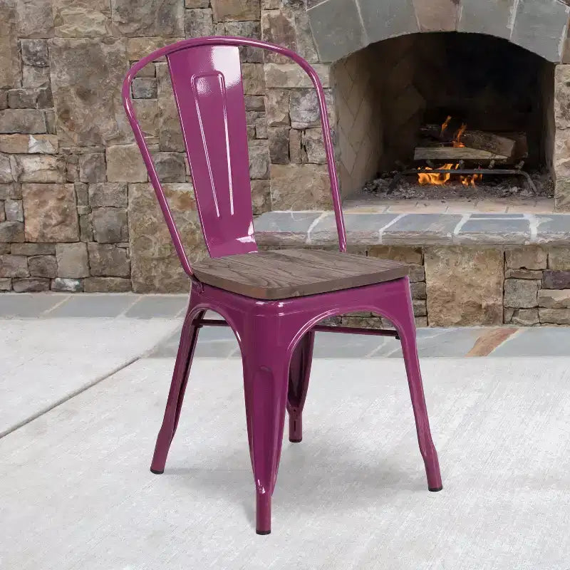 Colorful Metal Dining Stack Chair with Wood Seat